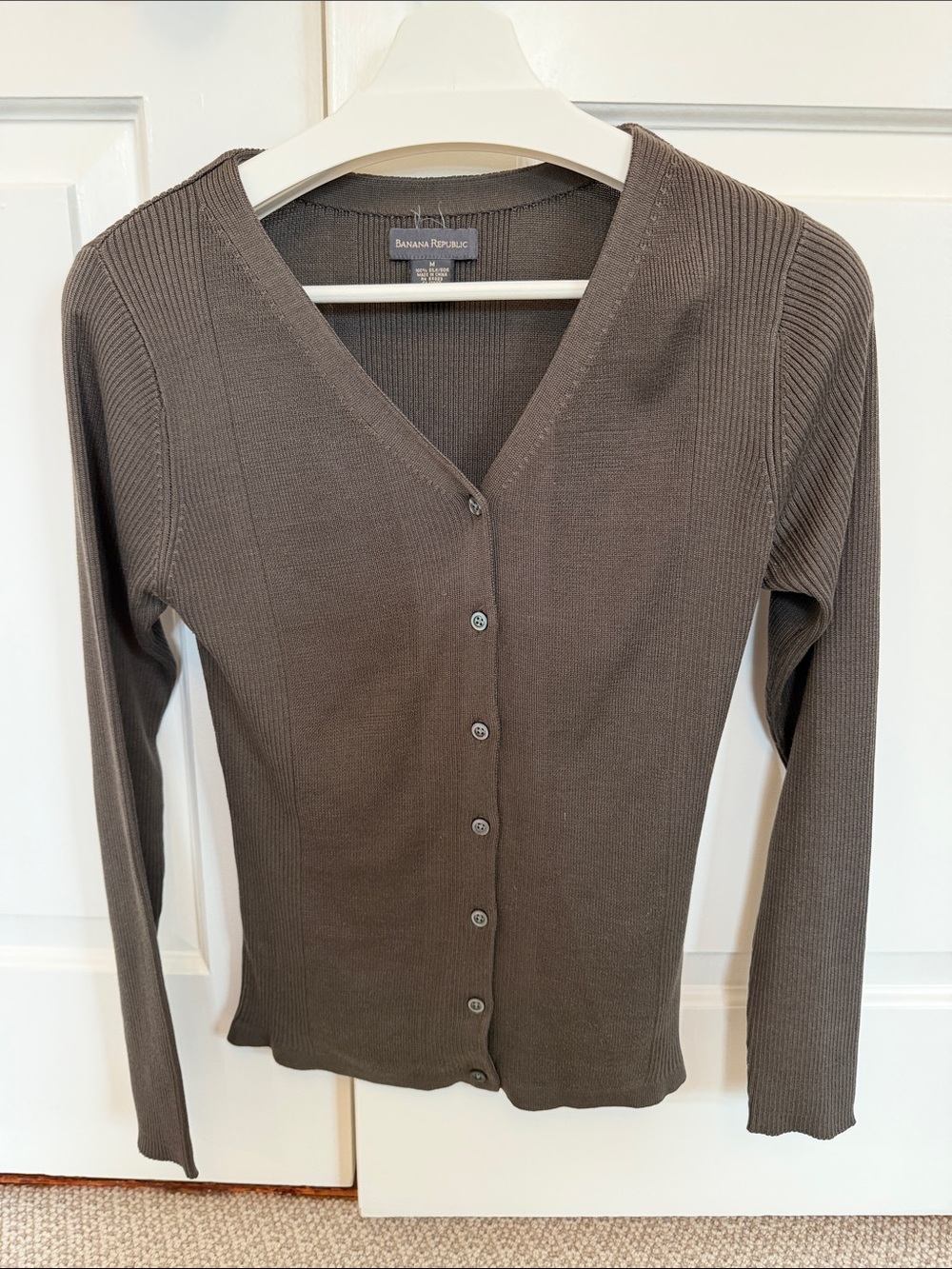 Banana Republic Taupe Brown Ribbed Silk  V-Neck Button Cardigan